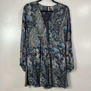 Free people rain or shine crochet trim Boho dress gray/blue mini women’s size S